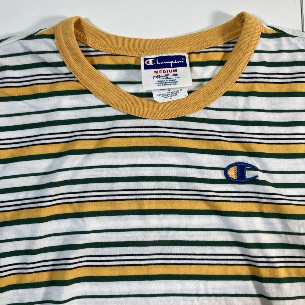 Vintage 90s Y2K Champion T shirt Medium Multicolor Striped Logo Shirt Sleeve
